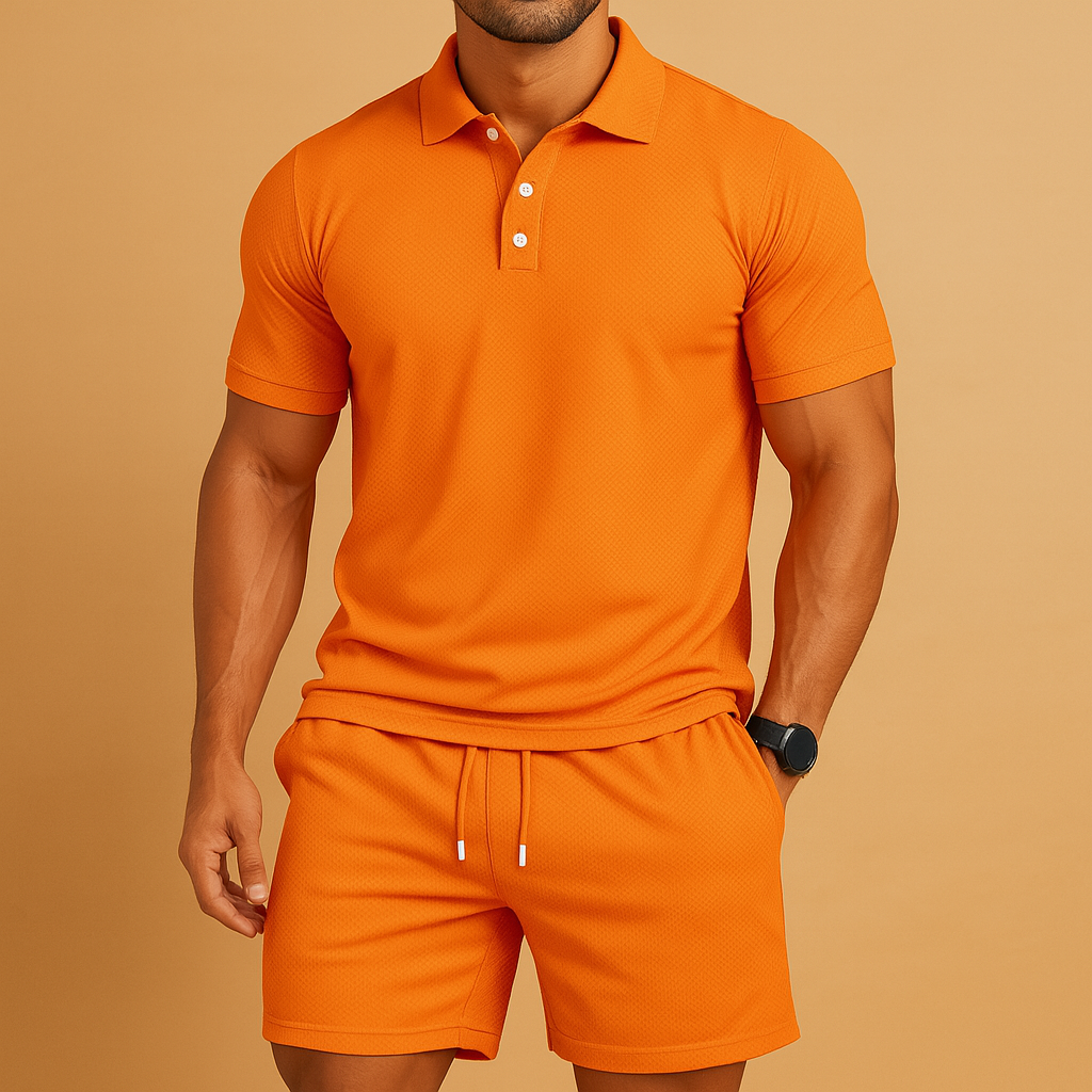 Sporty men’s polo summer set with cord detail, breathable fabric, and relaxed fit. Available in Black, Blue, and Khaki, perfect for leisure or active days.