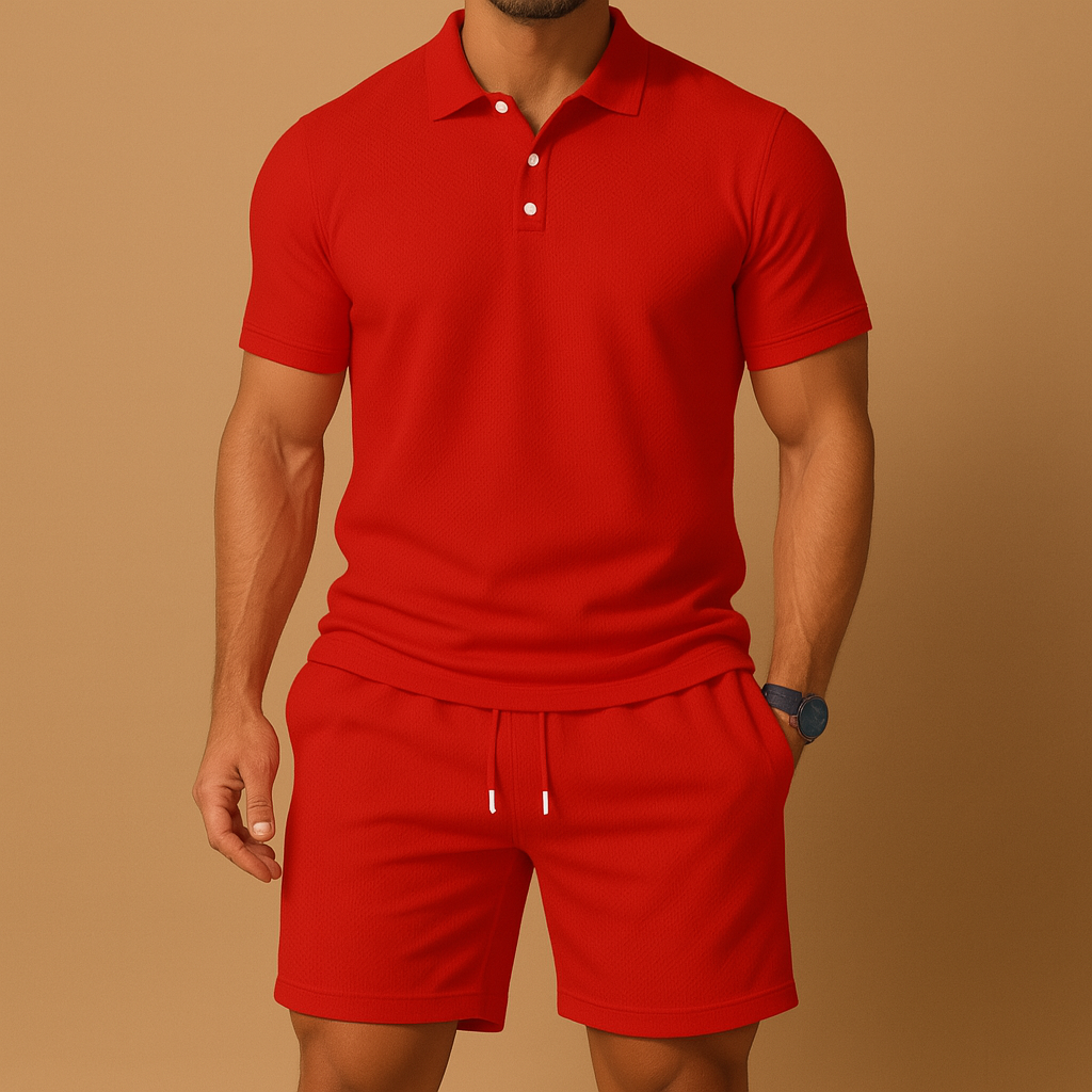 Sporty men’s polo summer set with cord detail, breathable fabric, and relaxed fit. Available in Black, Blue, and Khaki, perfect for leisure or active days.