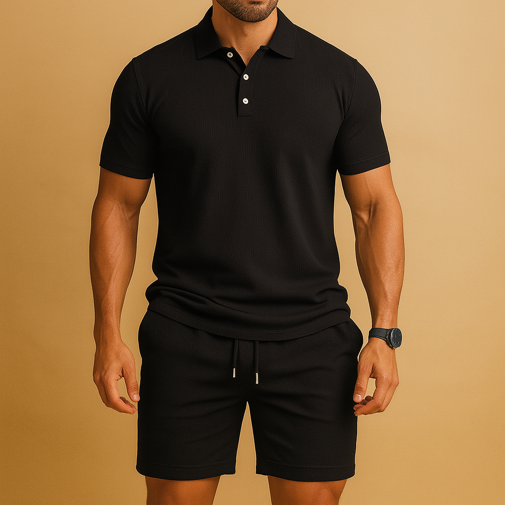 Sporty men’s polo summer set with cord detail, breathable fabric, and relaxed fit. Available in Black, Blue, and Khaki, perfect for leisure or active days.