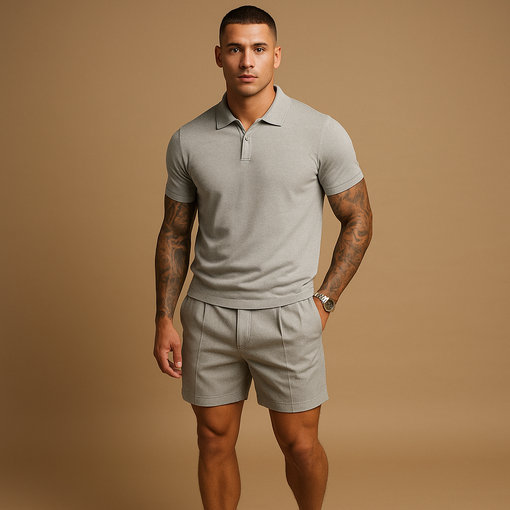 Men’s streetwear set with matching top and shorts, breathable and casual, available in black, grey, and beige, perfect for leisure and urban style.