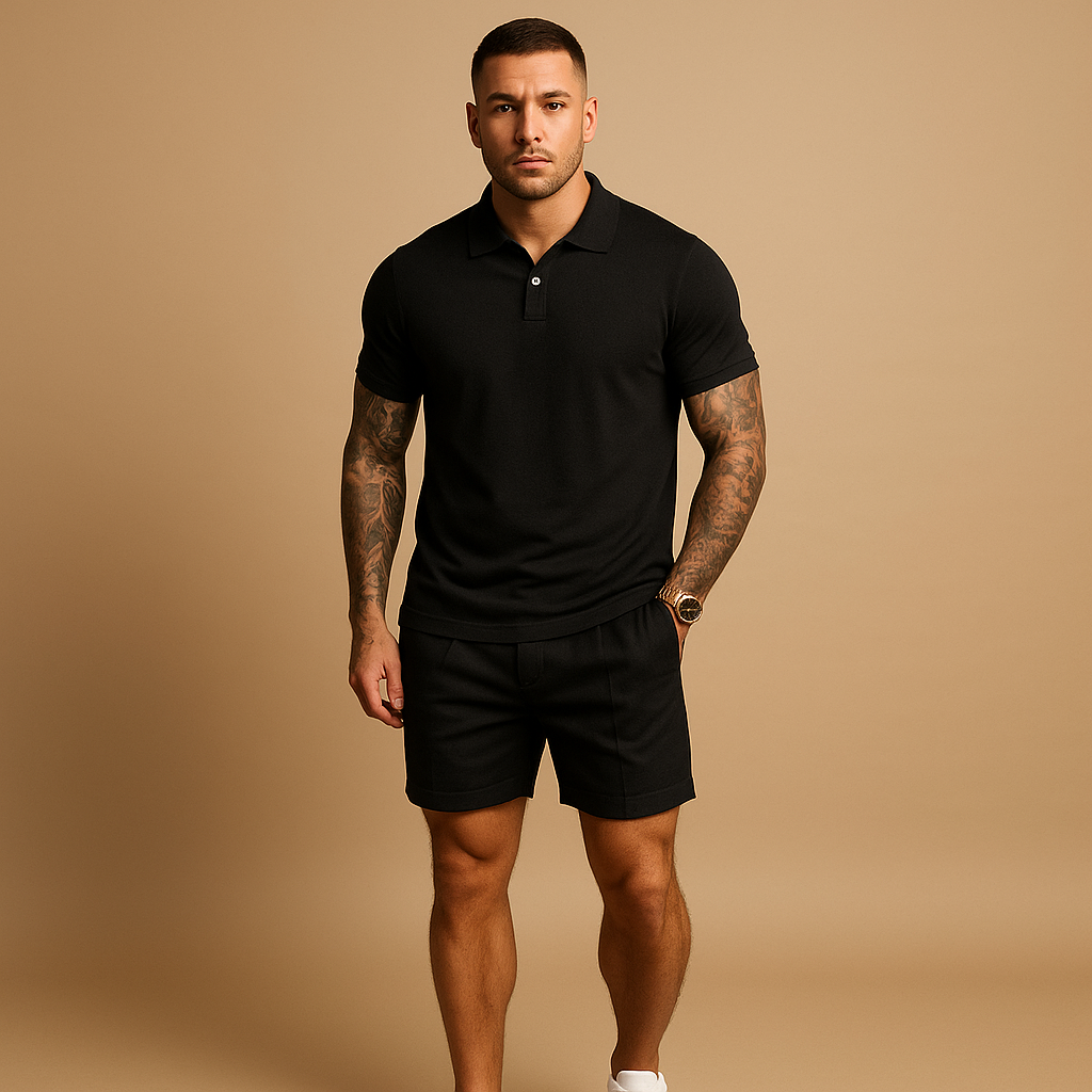 Men’s streetwear set with matching top and shorts, breathable and casual, available in black, grey, and beige, perfect for leisure and urban style.