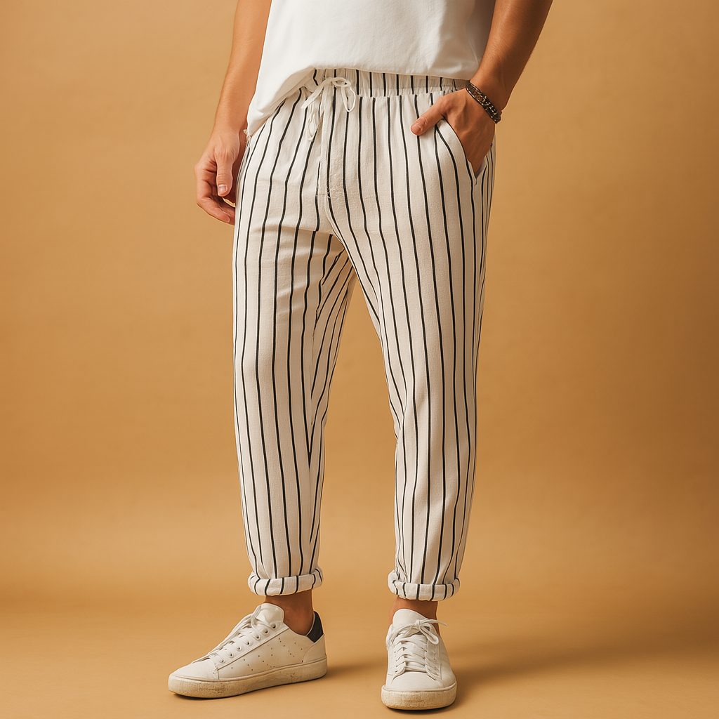Men’s striped casual pants with relaxed fit and adjustable waist. Stylish vertical stripes, perfect for casual days, holidays, and leisure wear.