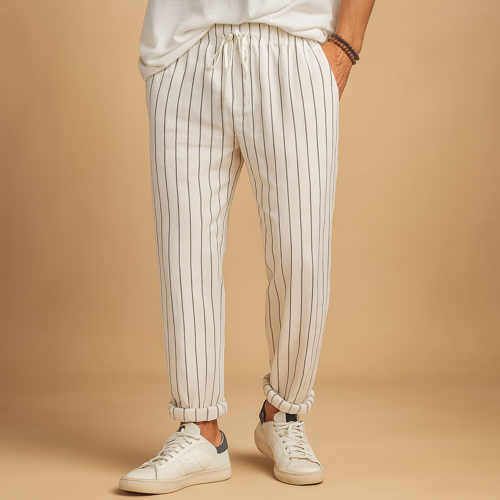 Men’s striped casual pants with relaxed fit and adjustable waist. Stylish vertical stripes, perfect for casual days, holidays, and leisure wear.