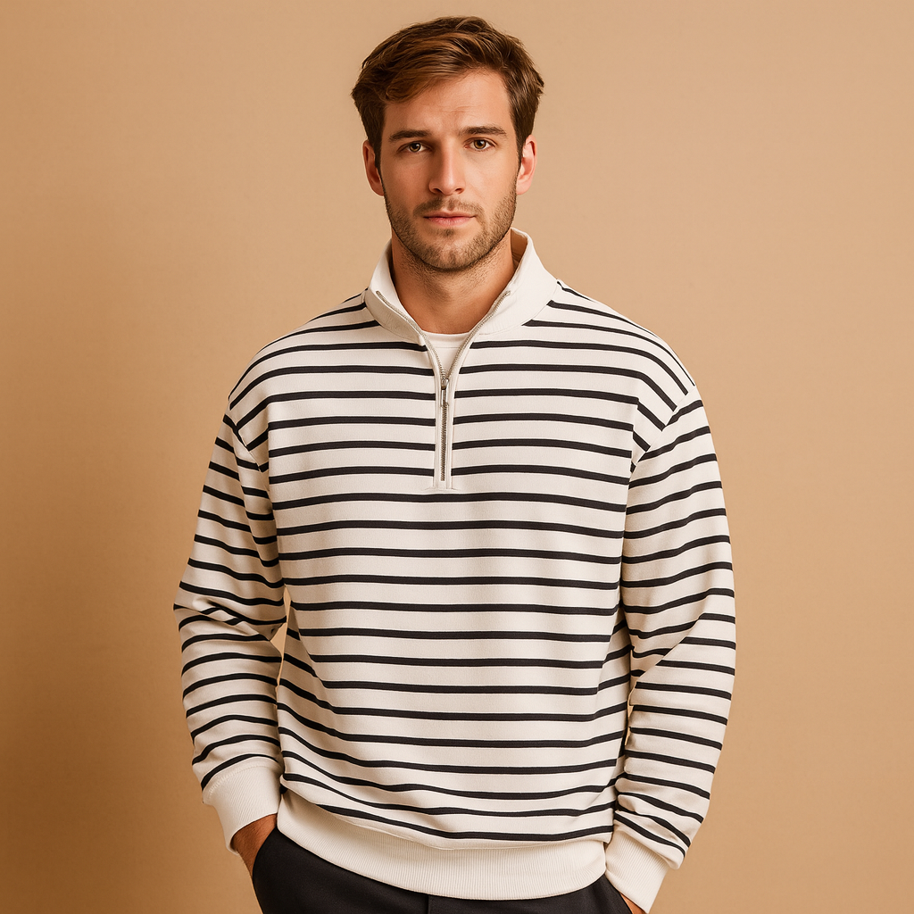 Striped half-zip pullover for men in white with black stripes, soft fabric and sporty design, perfect for casual and everyday wear.