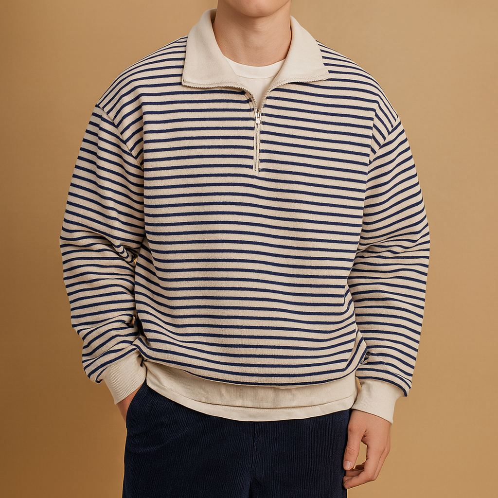 Striped half-zip pullover for men in white with black stripes, soft fabric and sporty design, perfect for casual and everyday wear.