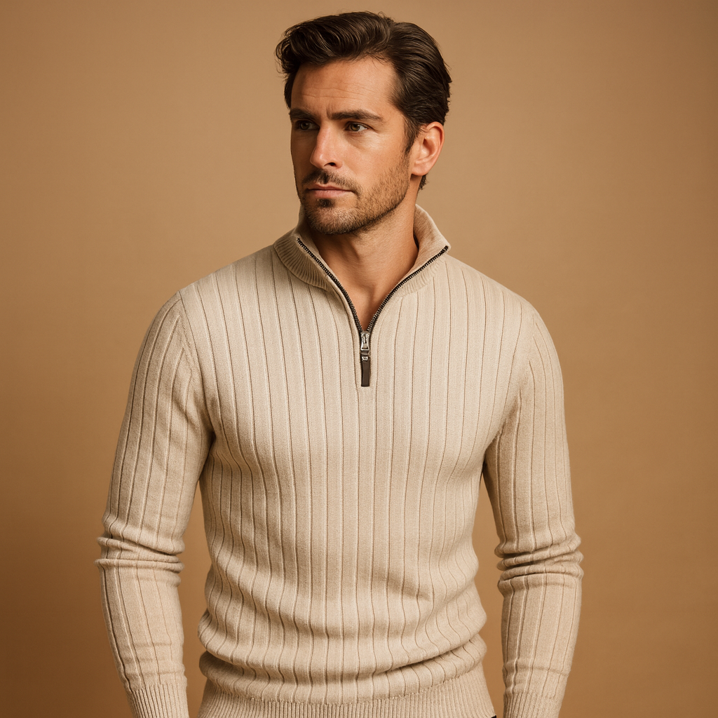 Striped half-zip sweater for men in grey with soft, comfortable fabric, perfect for autumn and winter casual or semi-formal outfits.