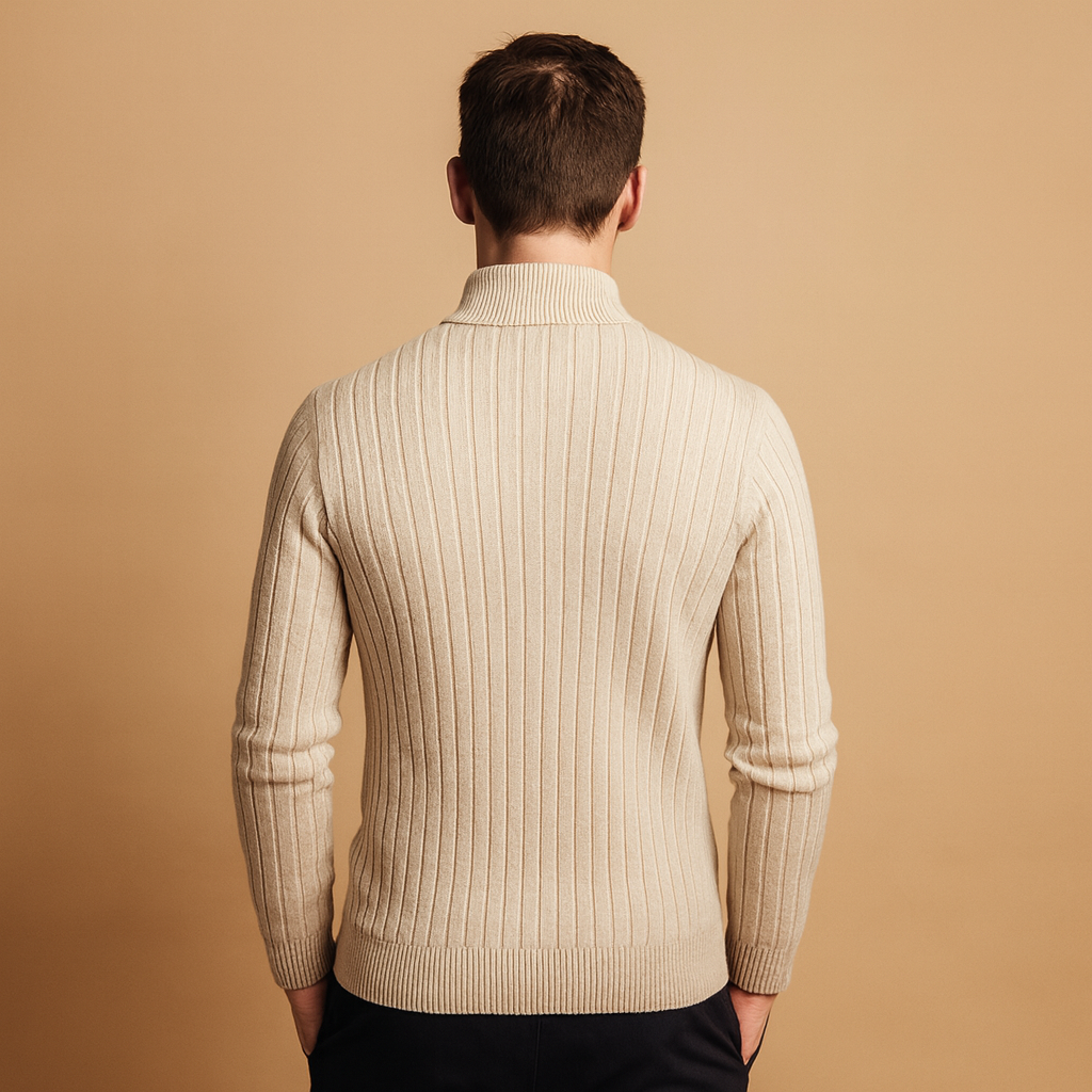 Striped half-zip sweater for men in grey with soft, comfortable fabric, perfect for autumn and winter casual or semi-formal outfits.