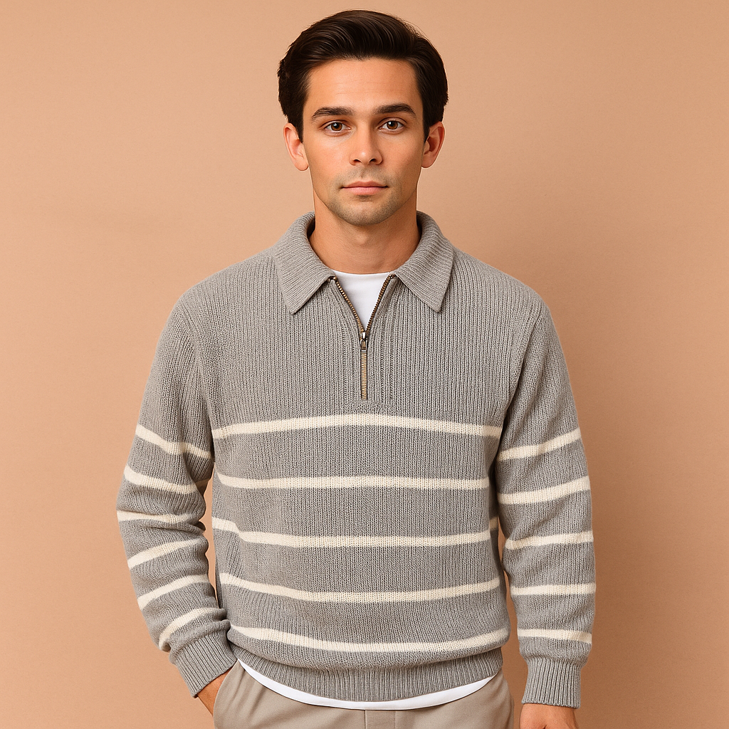Striped half-zip sweater for men in grey with soft, comfortable fabric, perfect for autumn and winter casual or semi-formal outfits.