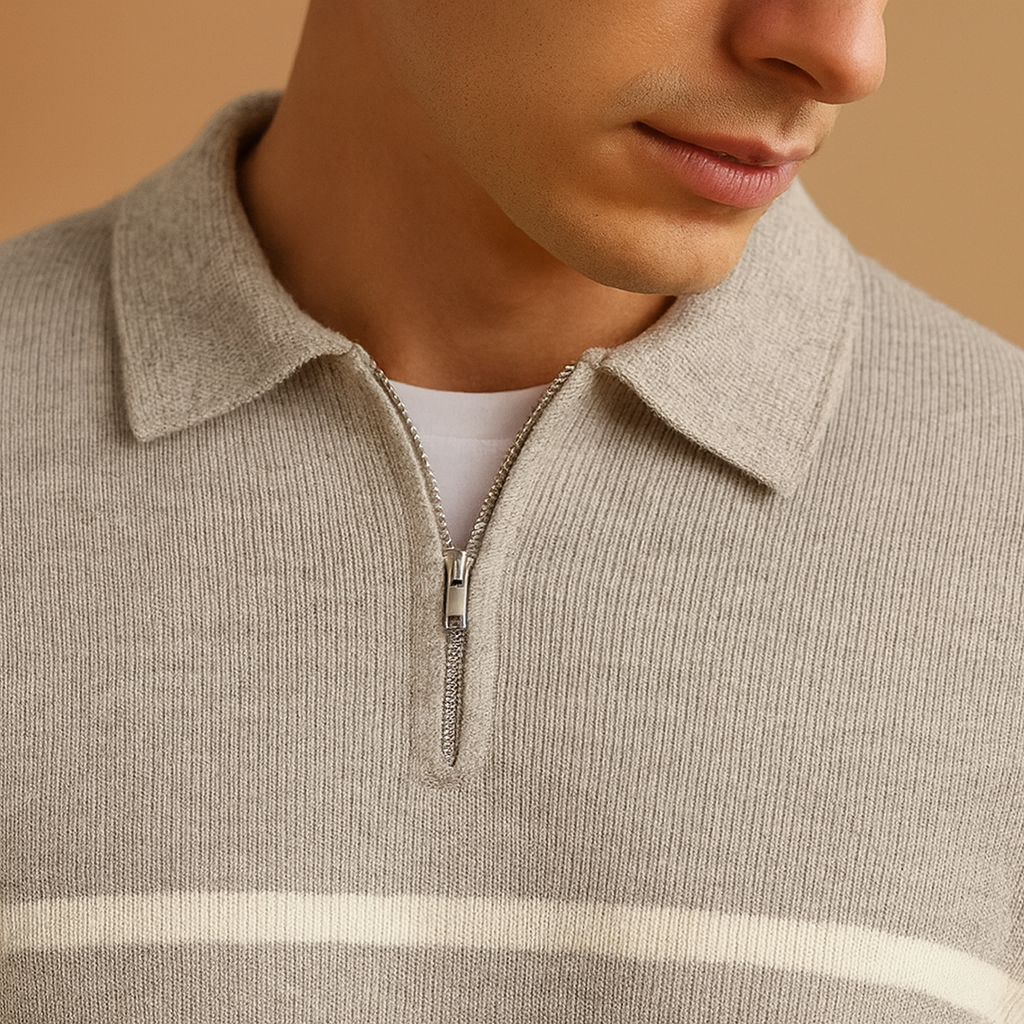 Striped half-zip sweater for men in grey with soft, comfortable fabric, perfect for autumn and winter casual or semi-formal outfits.