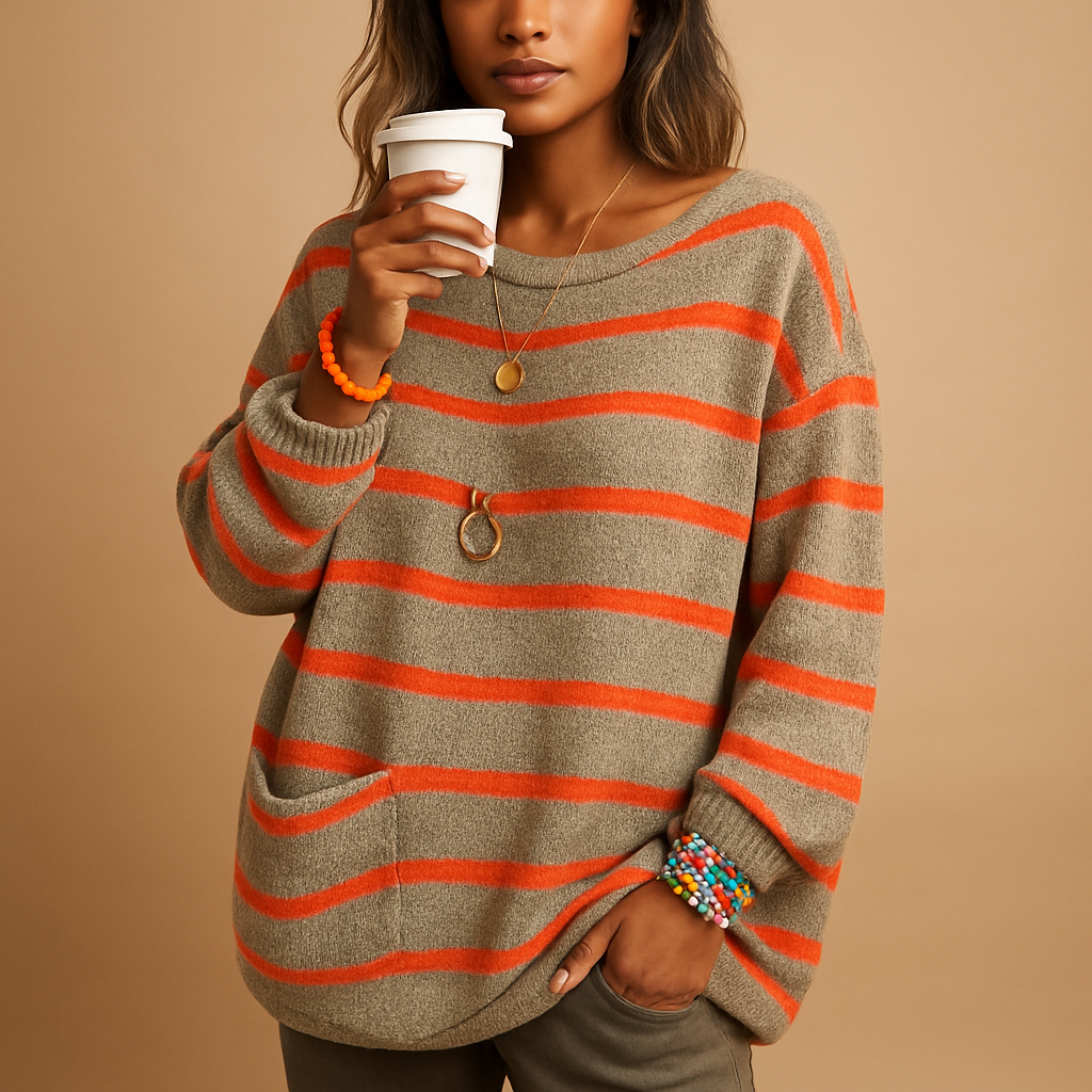 Women’s striped knit sweater with round neckline and long sleeves, perfect for casual and semi-formal outfits.