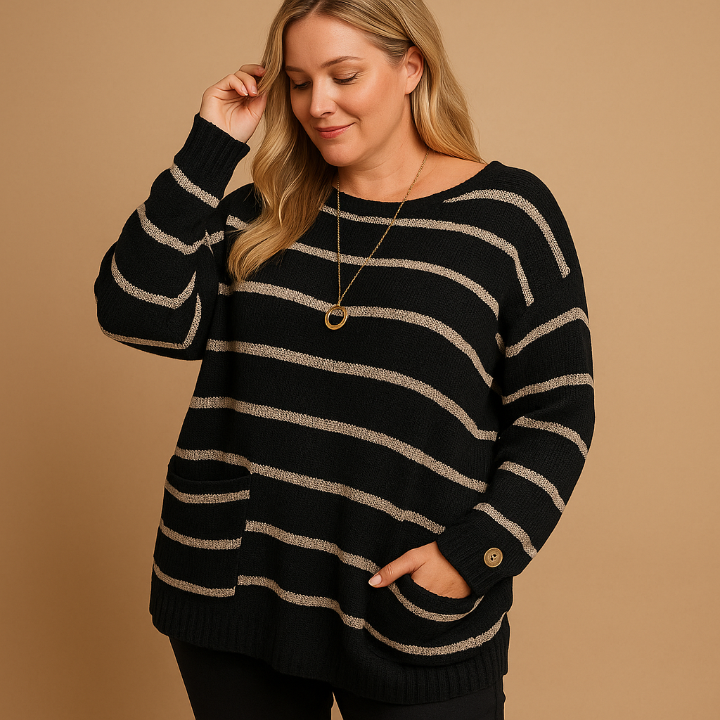 Women’s striped knit sweater with round neckline and long sleeves, perfect for casual and semi-formal outfits.