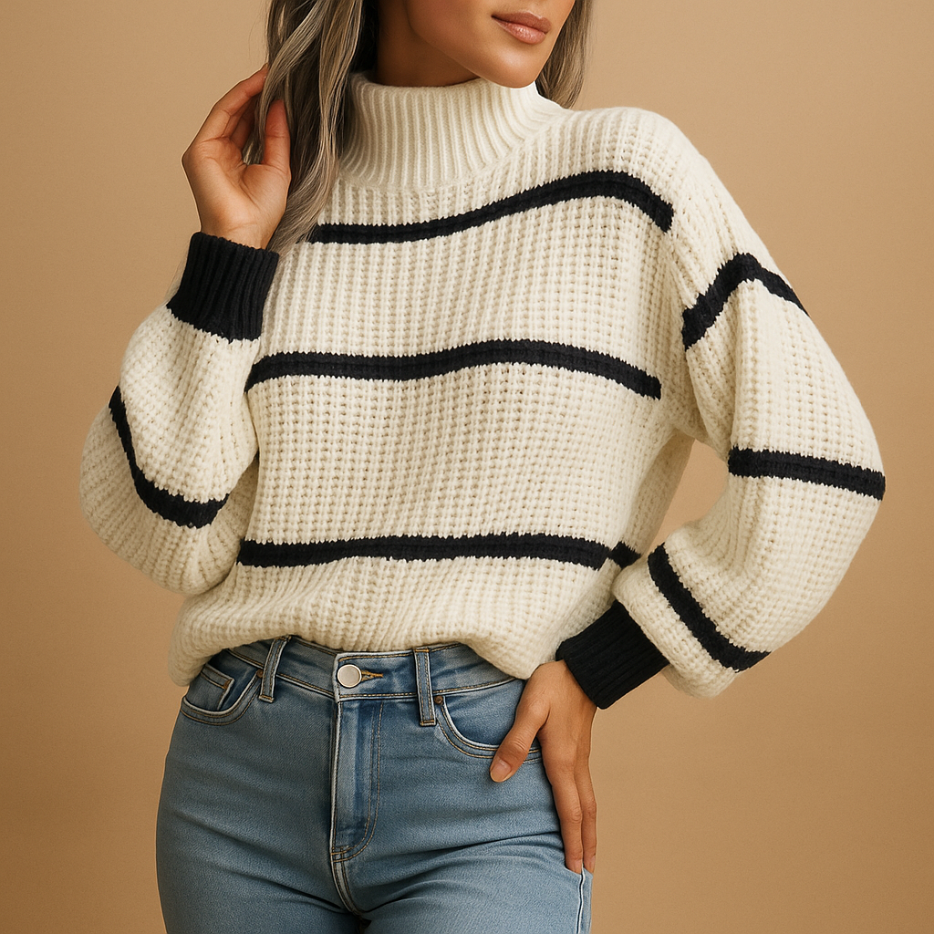 Women’s striped knit sweater with high neck in black and white. Loose fit with ribbed edges, perfect for casual and smart-casual outfits.