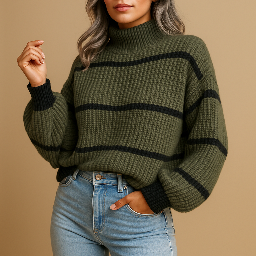 Women’s striped knit sweater with high neck in black and white. Loose fit with ribbed edges, perfect for casual and smart-casual outfits.