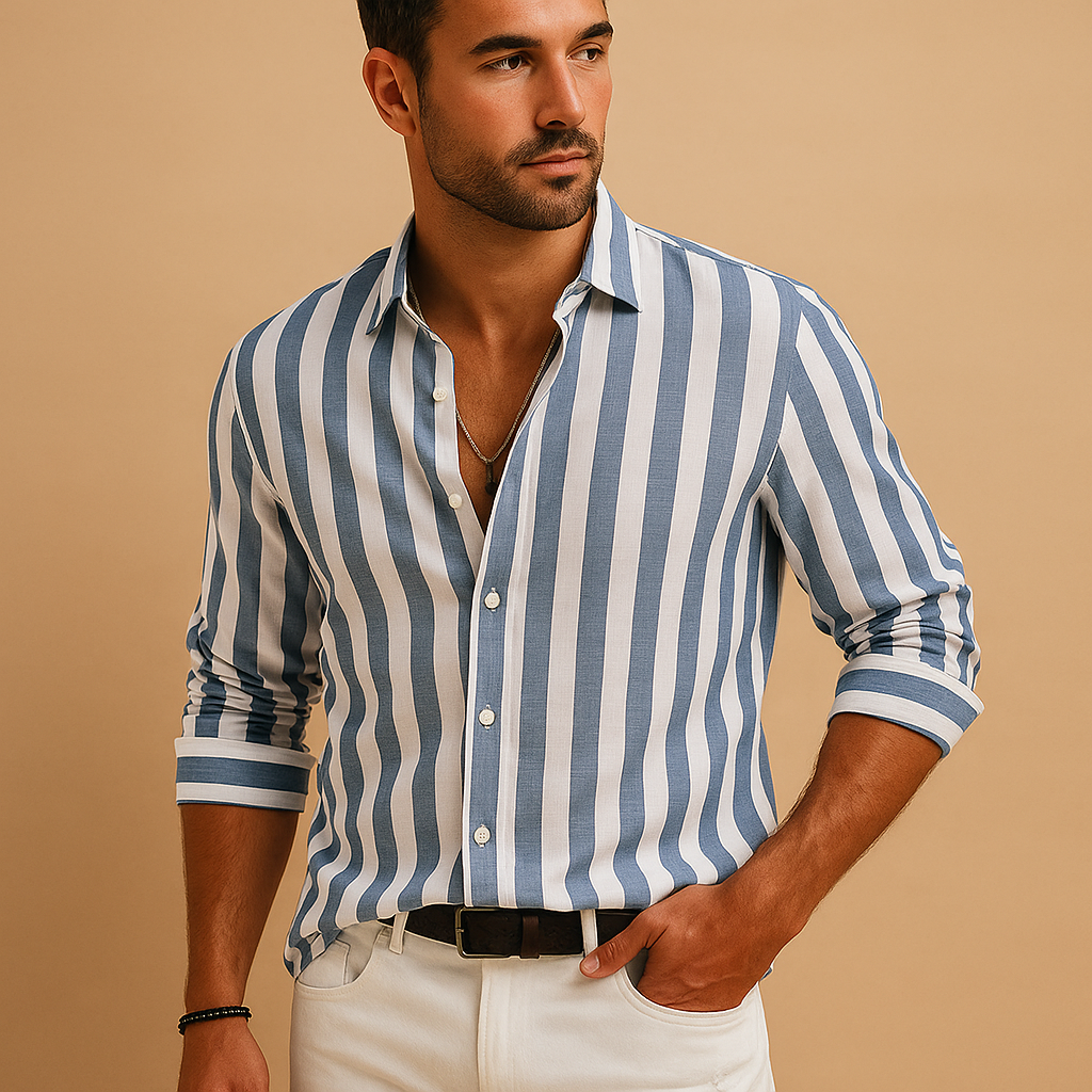 Men’s striped long sleeve shirt in blue and white with tailored fit, made from durable colorfast fabric for work, formal events, or daily wear.