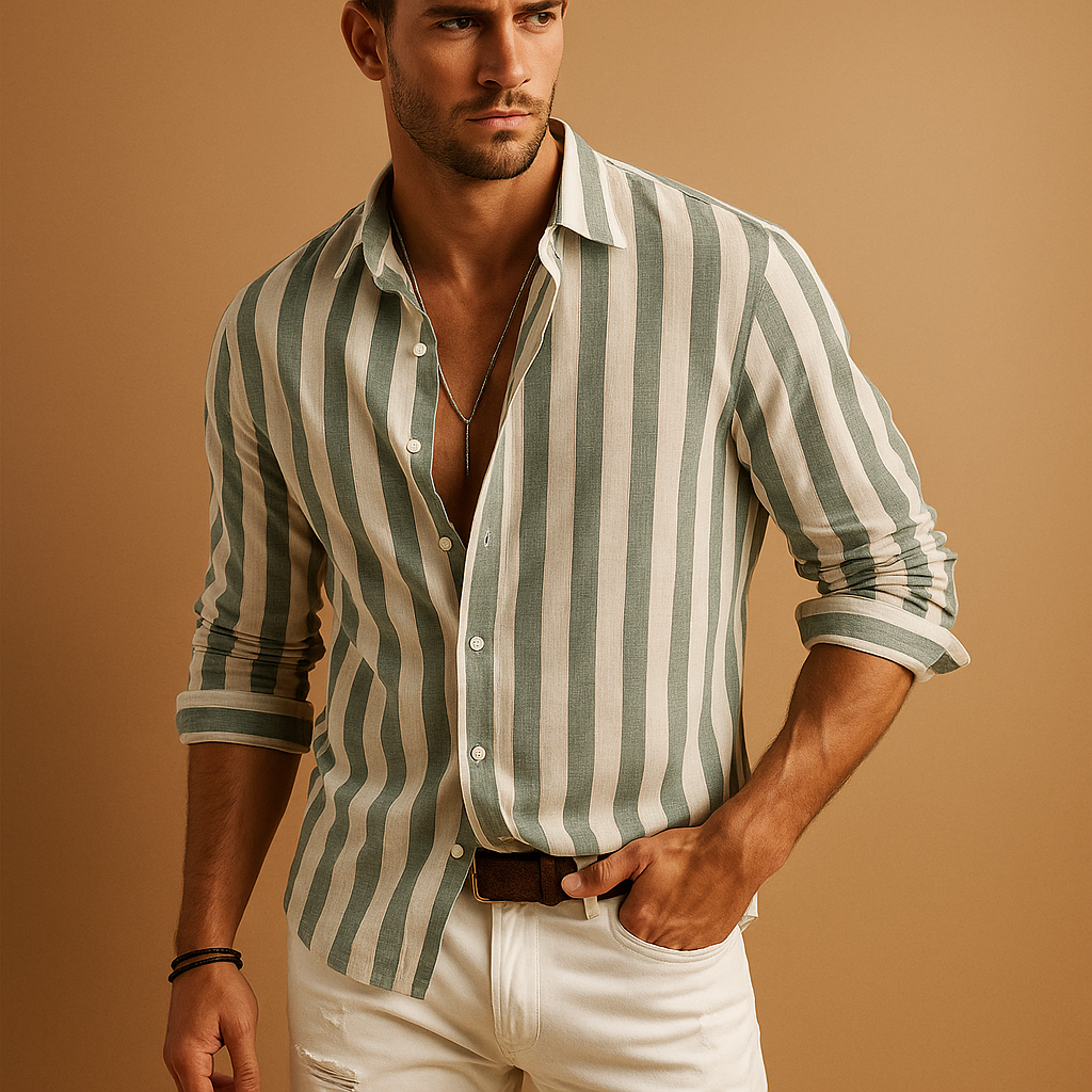 Men’s striped long sleeve shirt in blue and white with tailored fit, made from durable colorfast fabric for work, formal events, or daily wear.