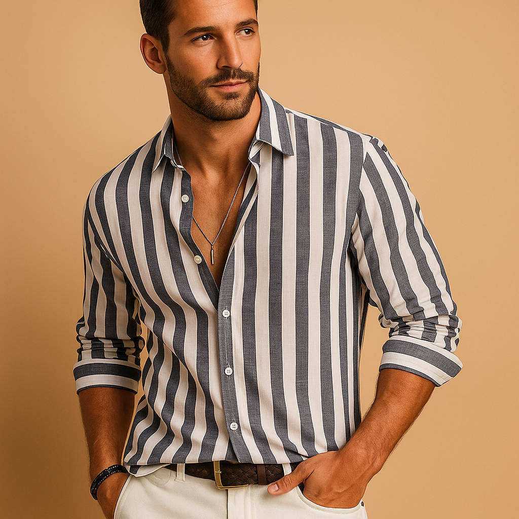 Men’s striped long sleeve shirt in blue and white with tailored fit, made from durable colorfast fabric for work, formal events, or daily wear.