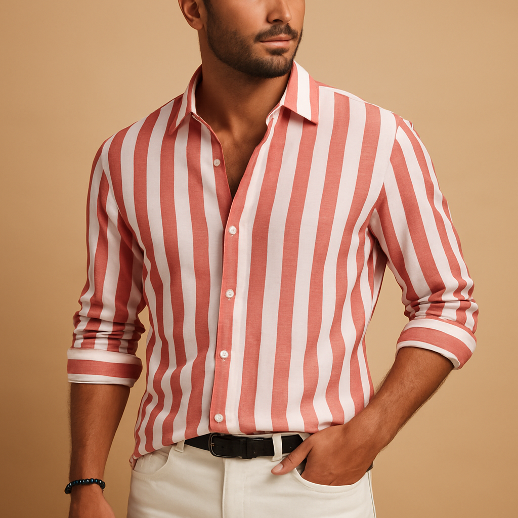 Men’s striped long sleeve shirt in blue and white with tailored fit, made from durable colorfast fabric for work, formal events, or daily wear.
