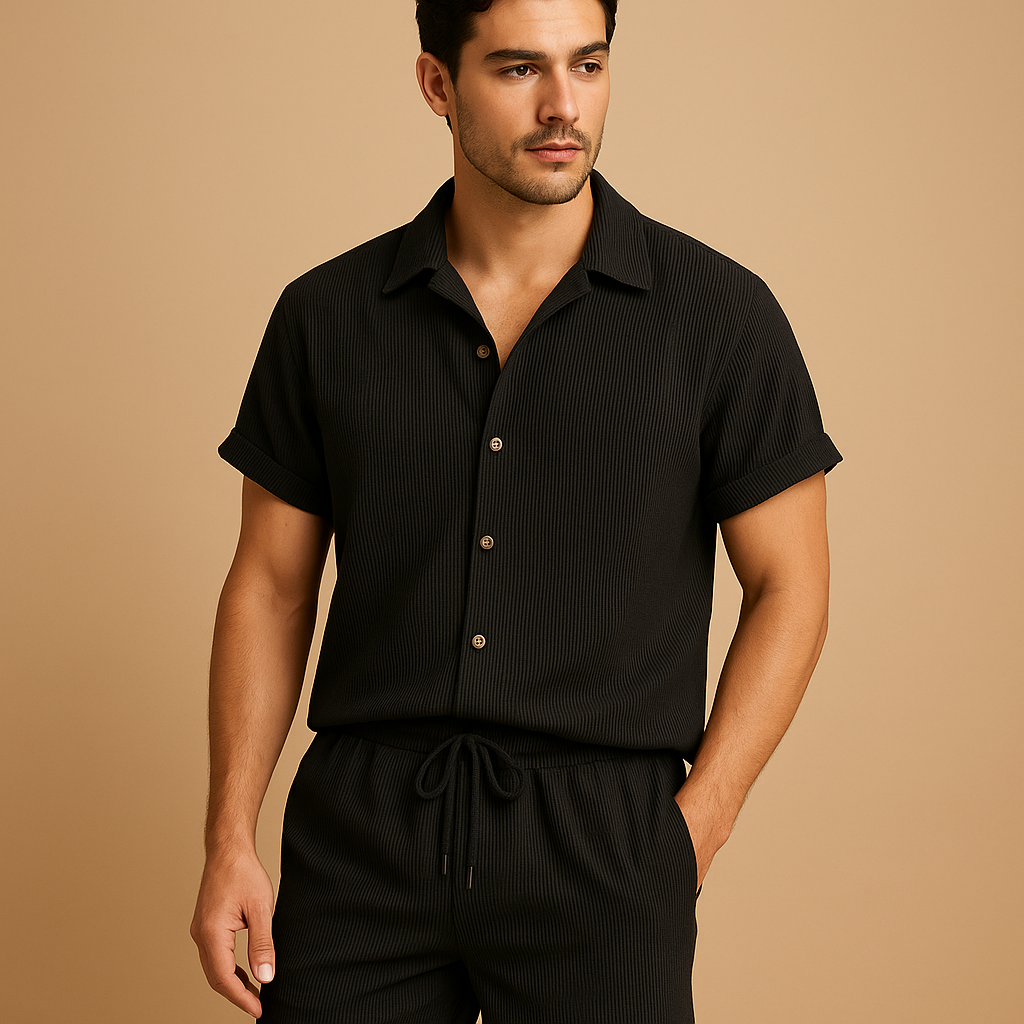 Men’s striped summer set with short-sleeved shirt and matching shorts, multicolour tones, perfect for holidays, beach walks, and casual summer wear.