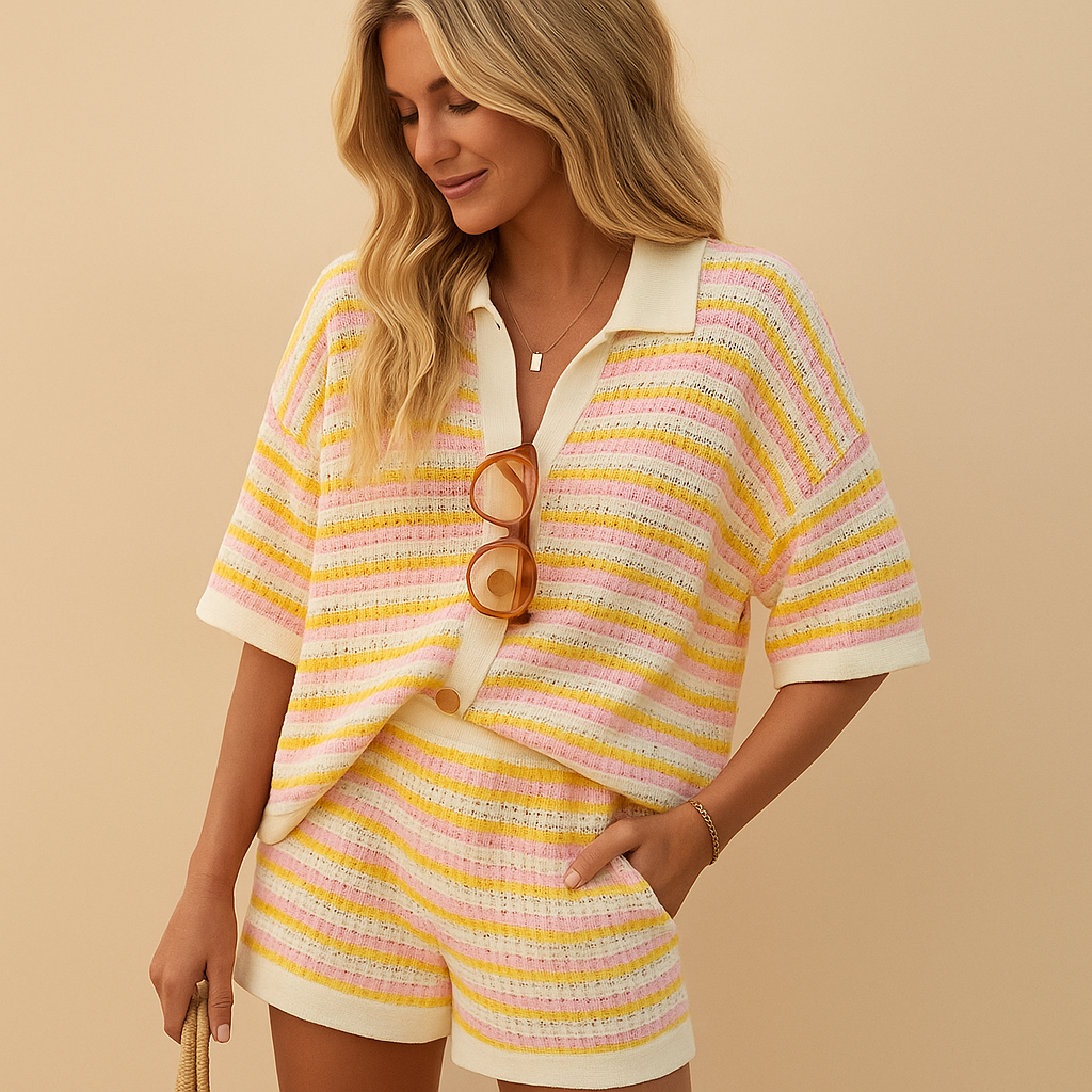 Women’s striped summer set with button-up blouse and high-waist shorts, elastic waistband, and breathable fabric. Perfect for holidays and casual days.