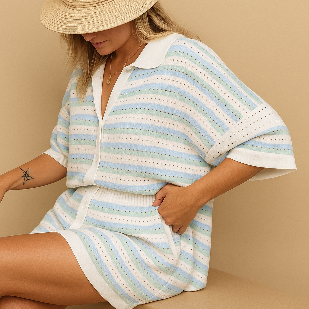 Women’s striped summer set with button-up blouse and high-waist shorts, elastic waistband, and breathable fabric. Perfect for holidays and casual days.