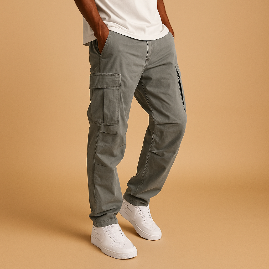 Men’s stylish cargo pants with regular fit and multiple cargo pockets, made from durable cotton blend for work and casual wear.