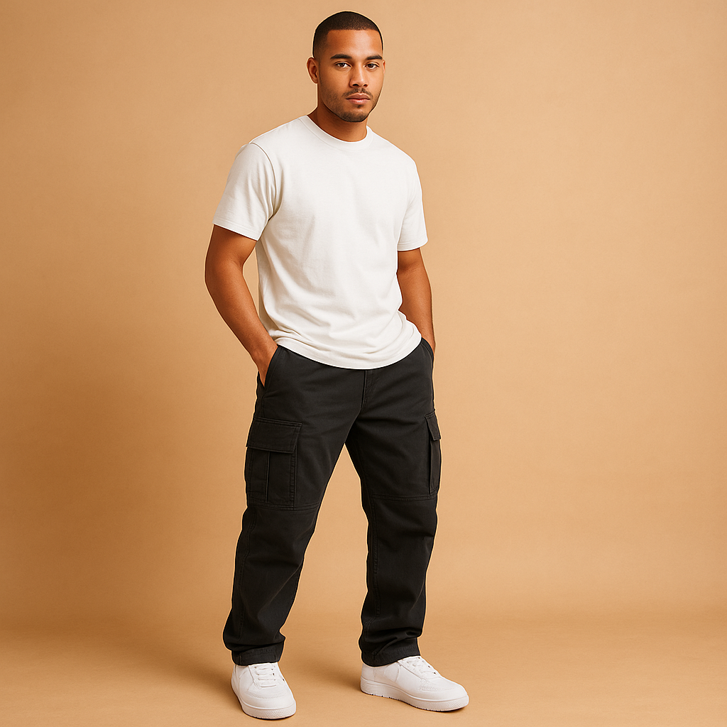 Men’s stylish cargo pants with regular fit and multiple cargo pockets, made from durable cotton blend for work and casual wear.