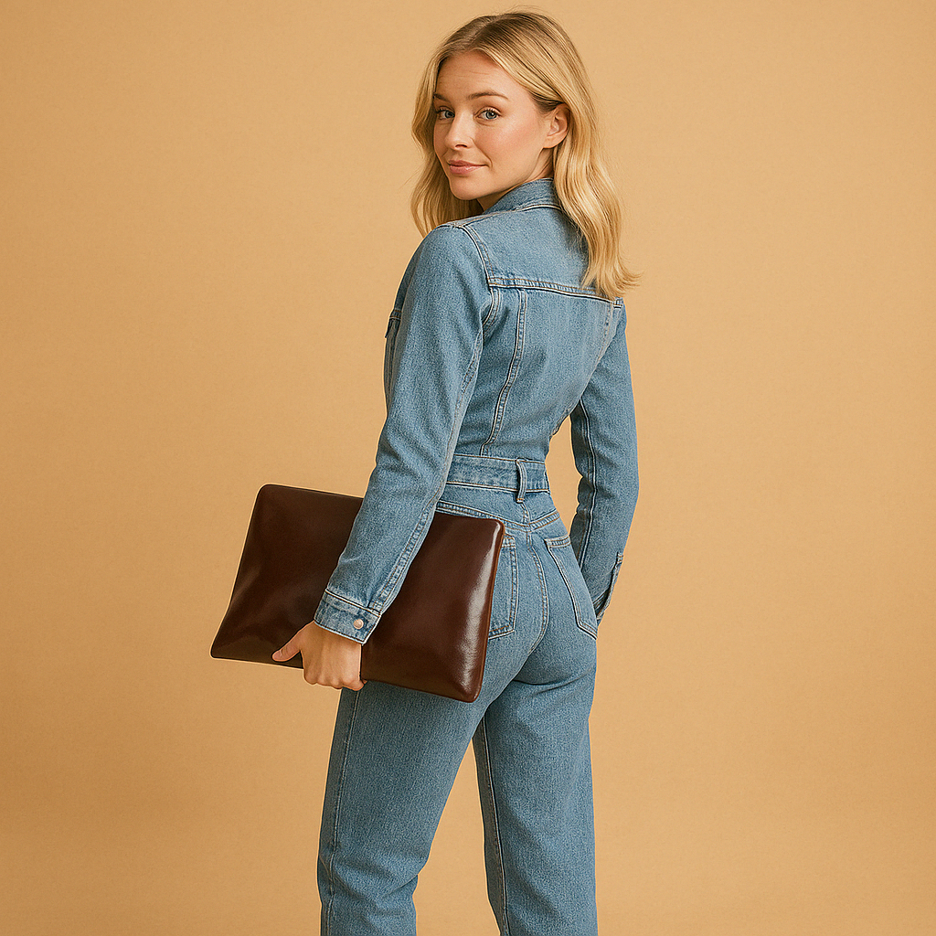 Denim jumpsuit for women with straight-leg fit and long sleeves, perfect for casual or everyday wear.
