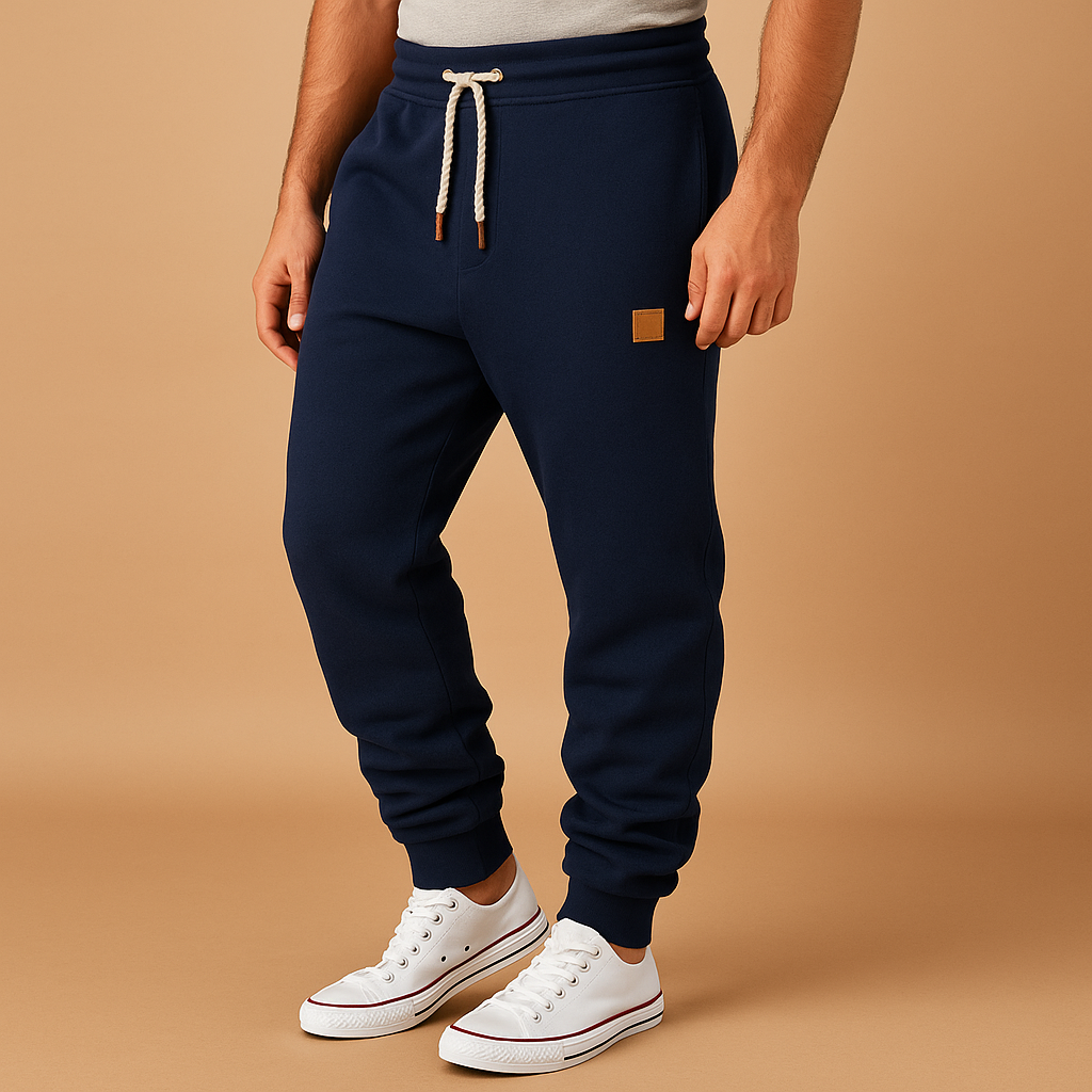 Men’s stylish jogger pants Lucas in navy, grey, green, dark grey, or black. Soft cotton blend with adjustable waistband and side pockets.