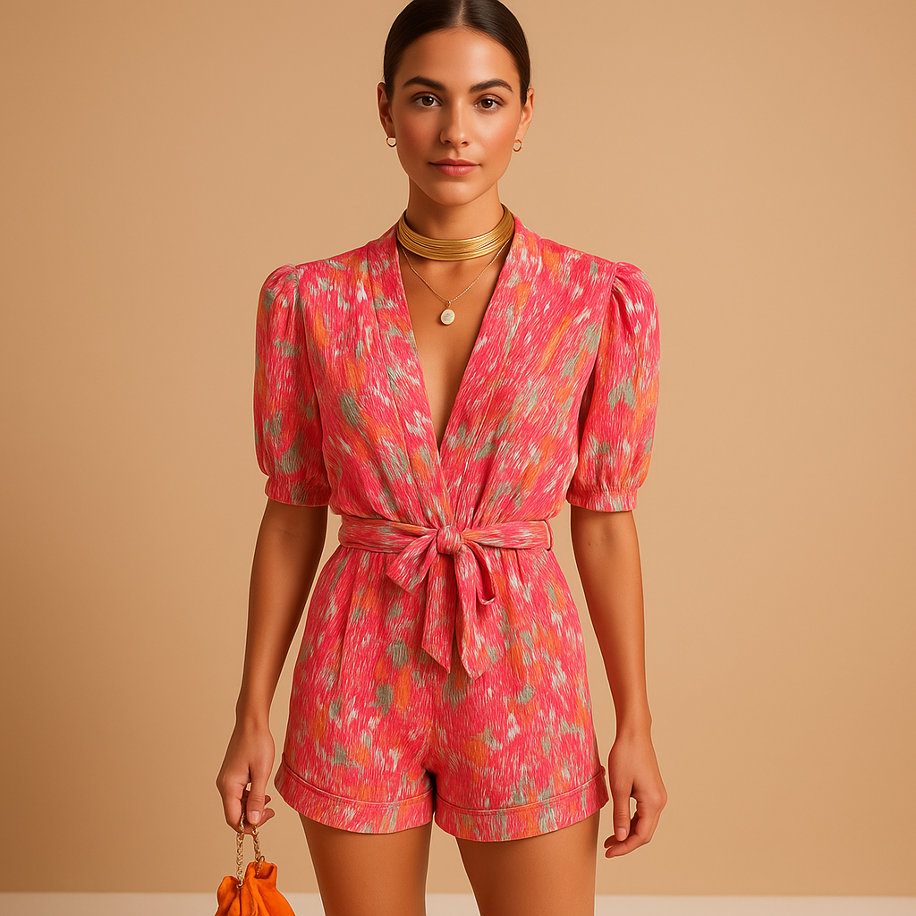 Women’s short printed jumpsuit with waist belt in vibrant colours, perfect for warm days, summer holidays, and evenings out.