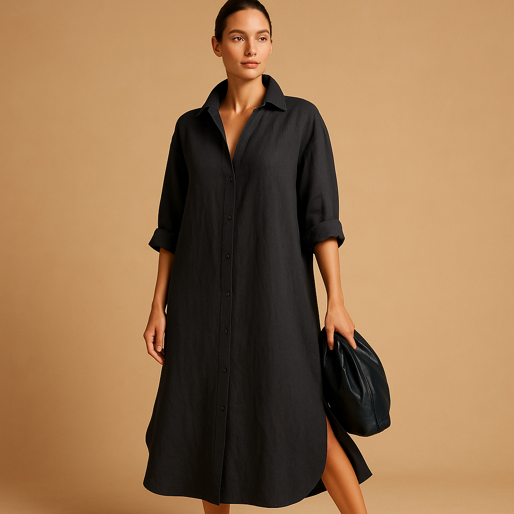 Women’s stylish shirt dress made from breathable hemp blend with button-down design, perfect for spring and summer occasions.