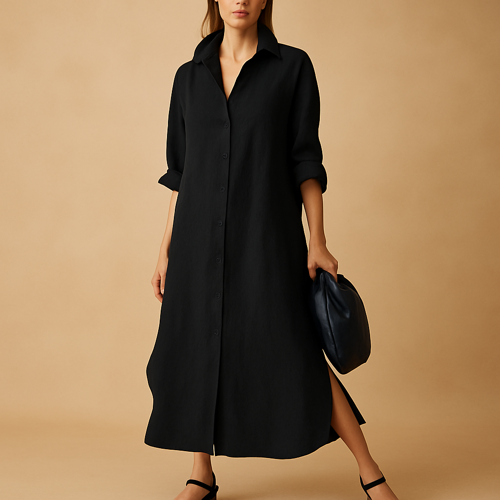 Women’s stylish shirt dress made from breathable hemp blend with button-down design, perfect for spring and summer occasions.