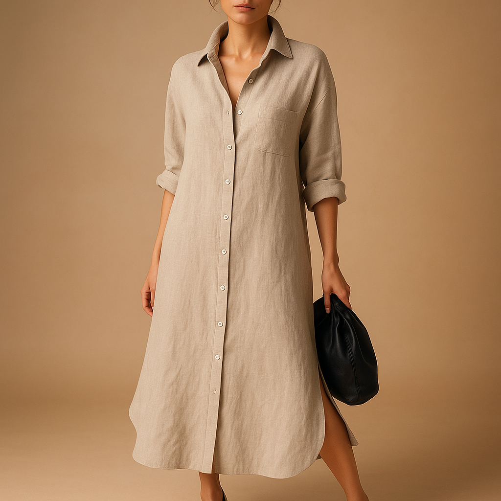Women’s stylish shirt dress made from breathable hemp blend with button-down design, perfect for spring and summer occasions.
