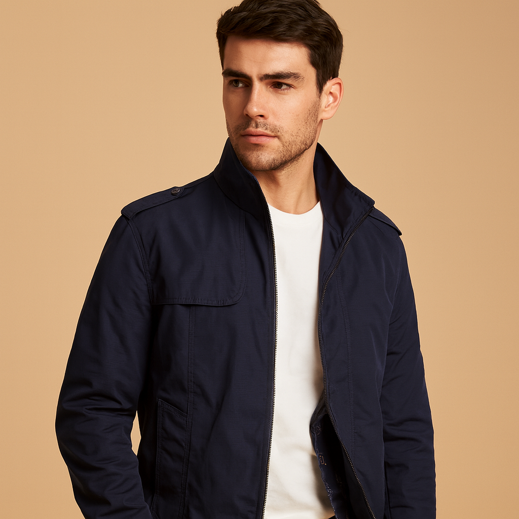 Men’s stylish summer jacket with stand-up collar and practical pockets, lightweight and versatile for casual or formal wear.