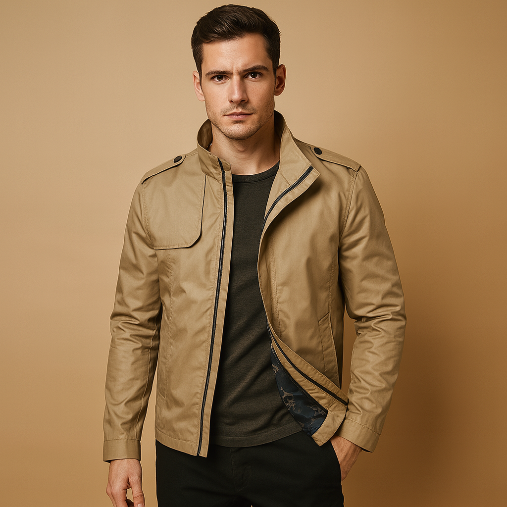 Men’s stylish summer jacket with stand-up collar and practical pockets, lightweight and versatile for casual or formal wear.