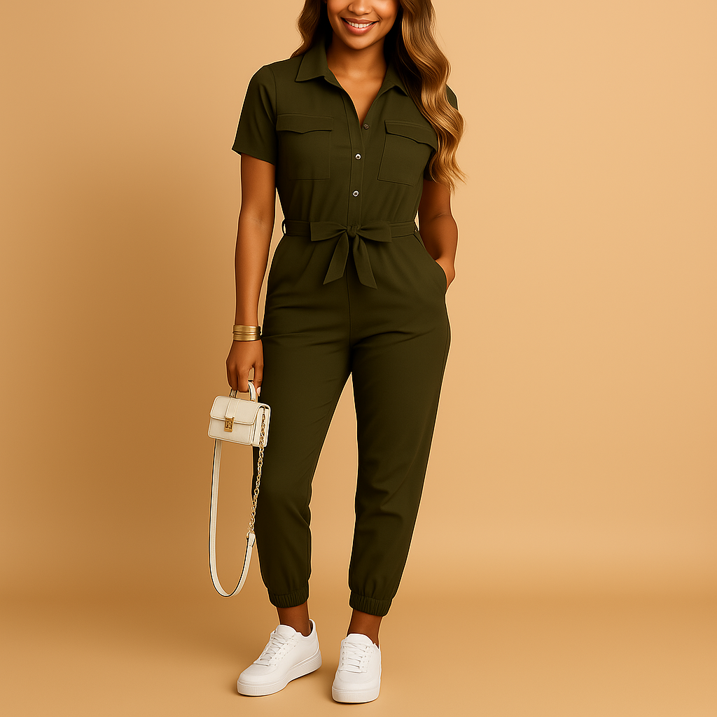 Women’s tailored jumpsuit with button detailing and flattering fit, perfect for work, brunch, and evening occasions.
