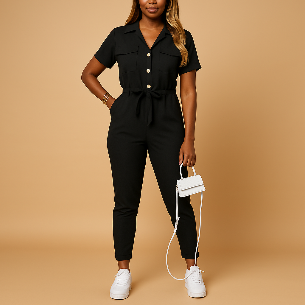 Women’s tailored jumpsuit with button detailing and flattering fit, perfect for work, brunch, and evening occasions.