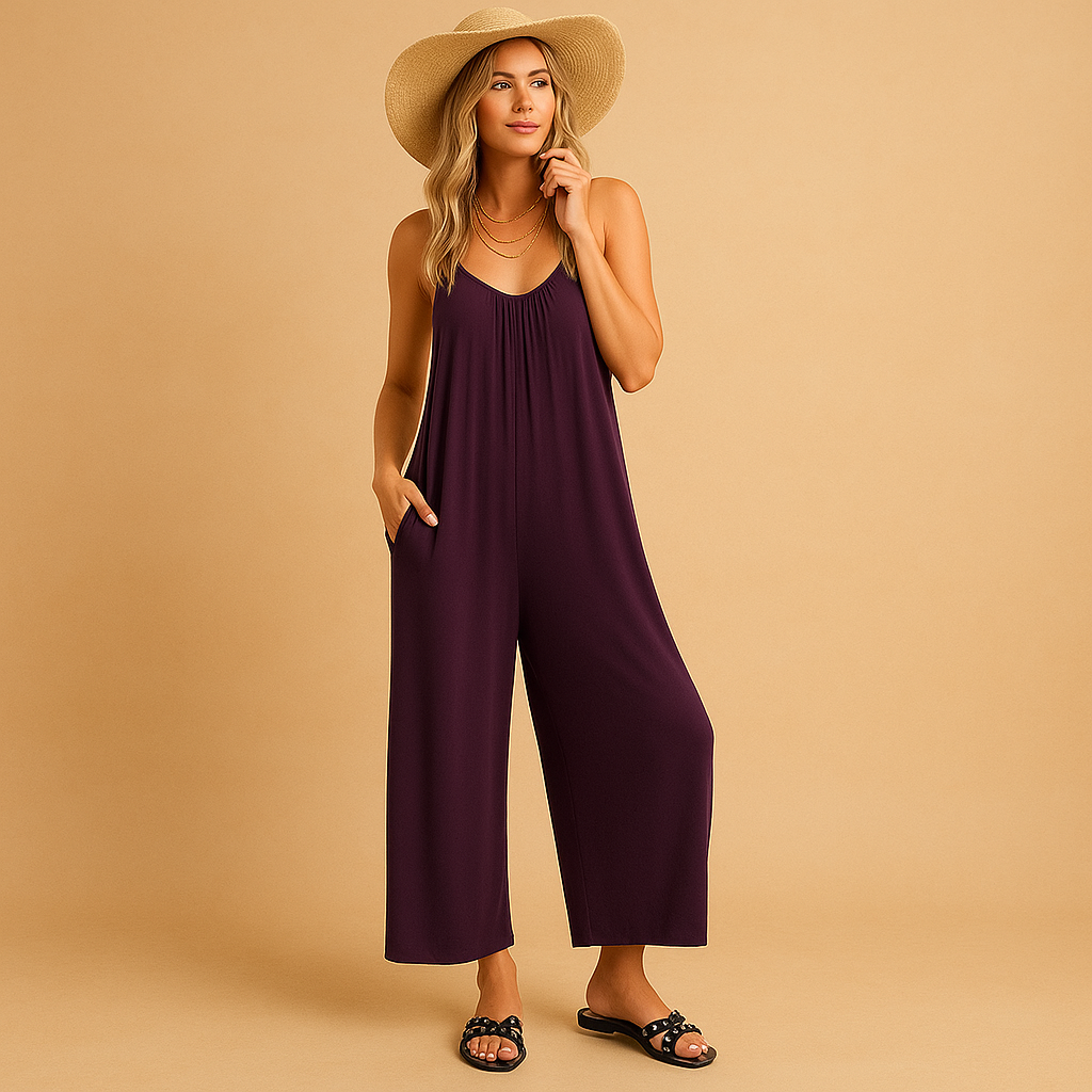 Lightweight summer jumpsuit for women with adjustable straps and elastic waistband, perfect for warm days, vacations, and casual summer outings.