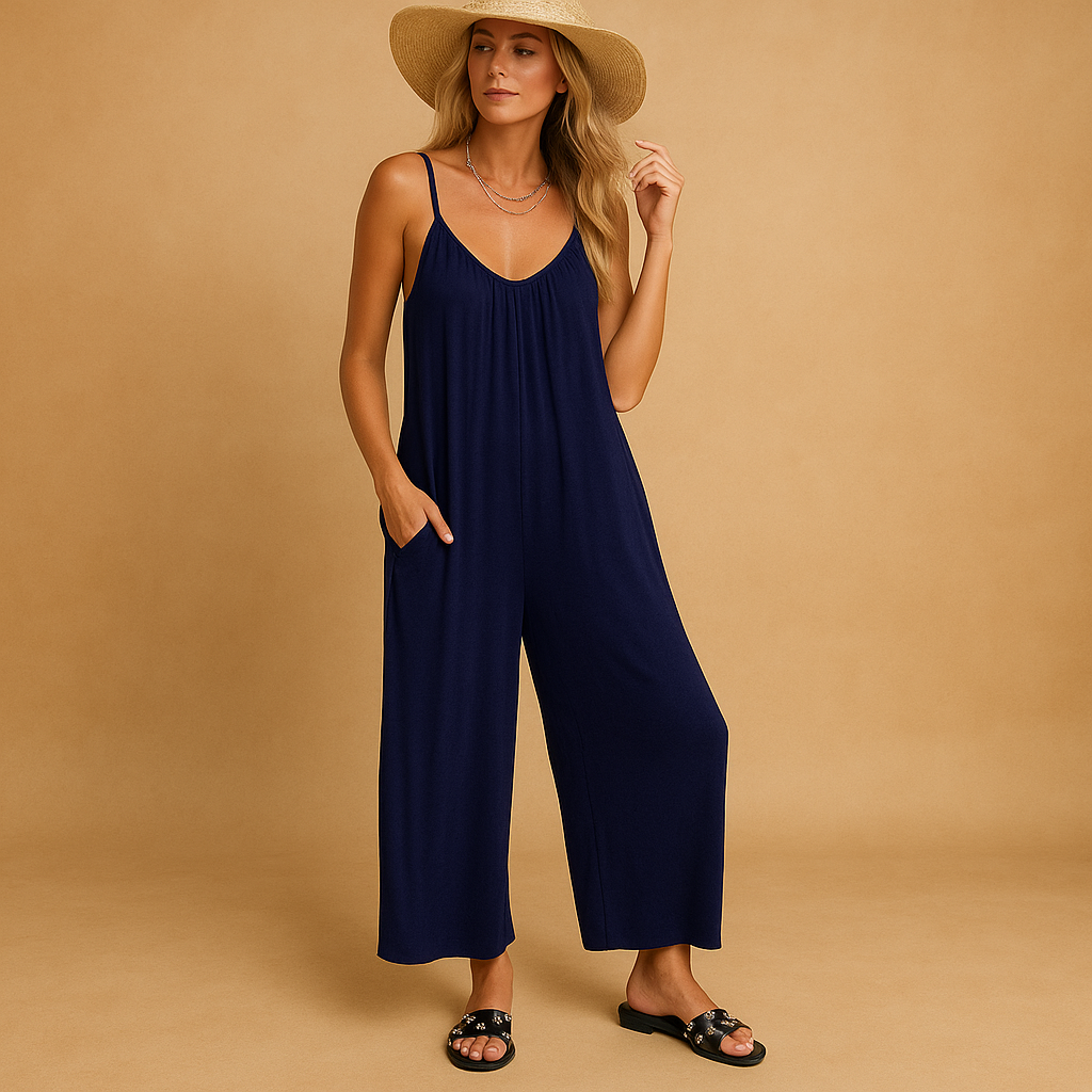 Lightweight summer jumpsuit for women with adjustable straps and elastic waistband, perfect for warm days, vacations, and casual summer outings.