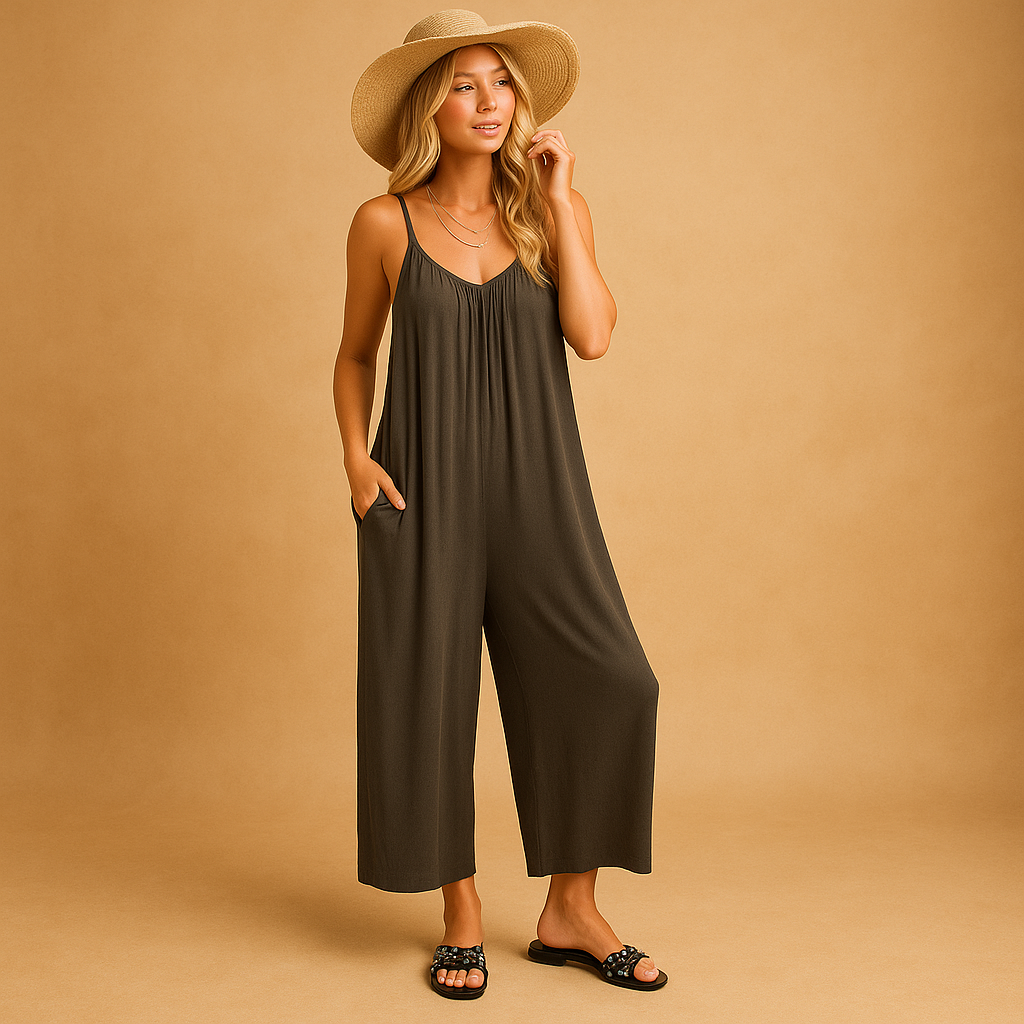 Lightweight summer jumpsuit for women with adjustable straps and elastic waistband, perfect for warm days, vacations, and casual summer outings.