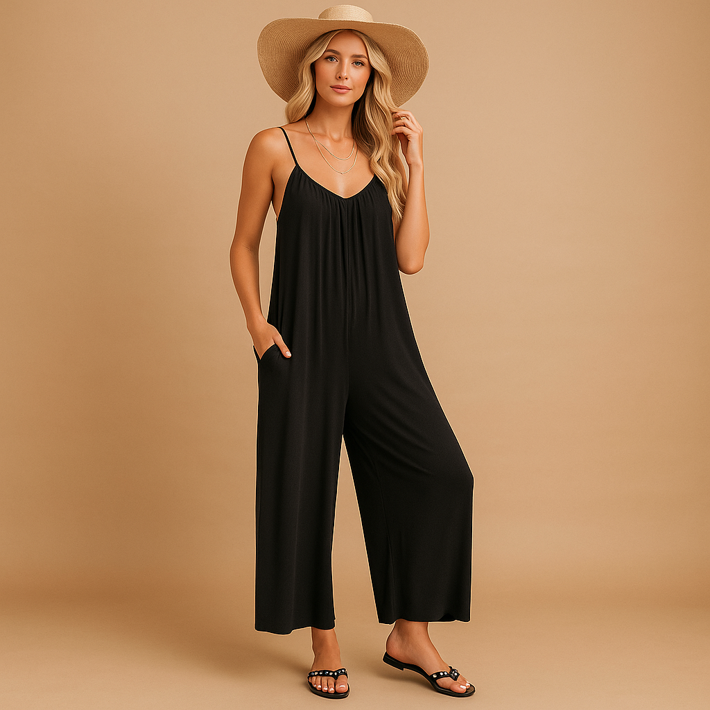 Lightweight summer jumpsuit for women with adjustable straps and elastic waistband, perfect for warm days, vacations, and casual summer outings.