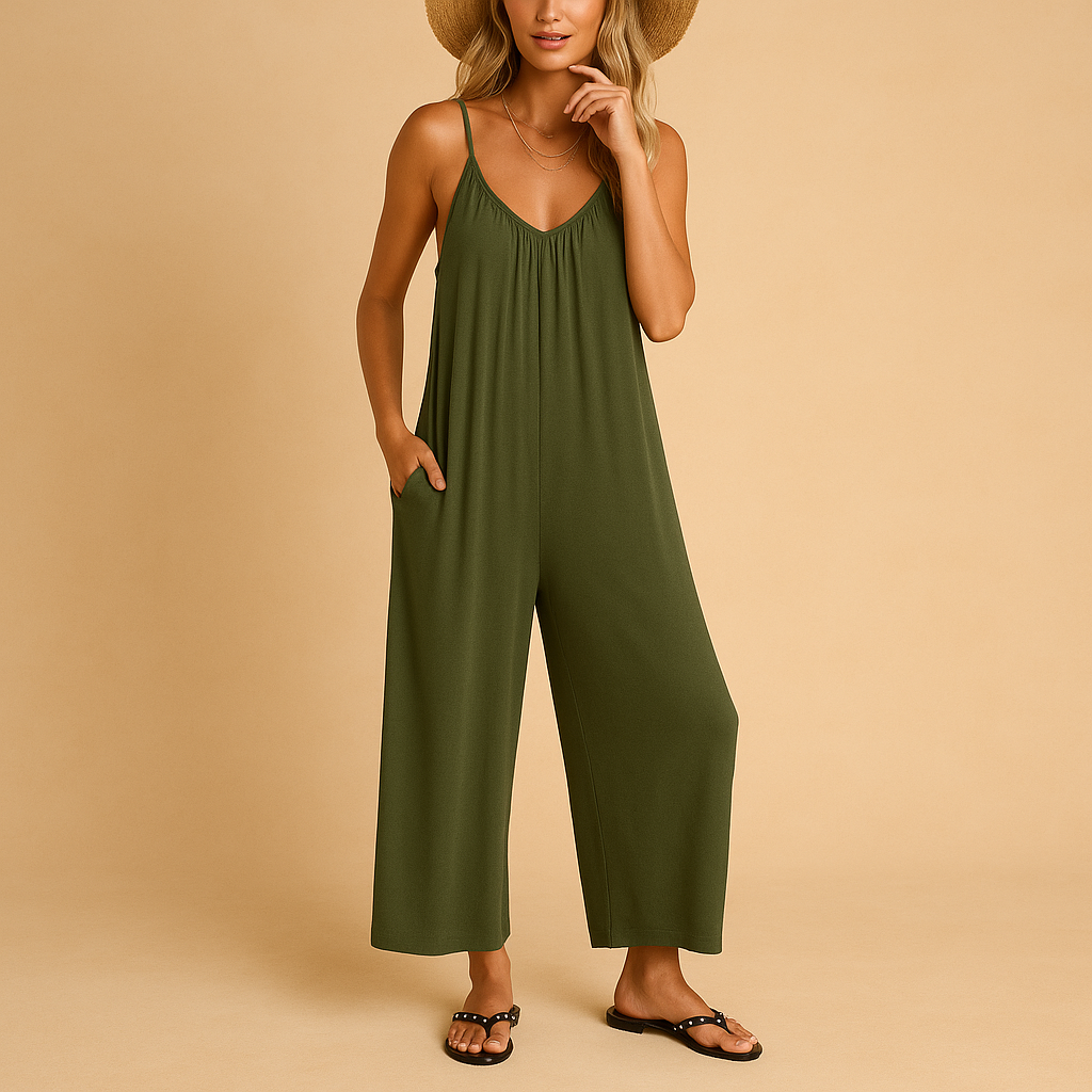 Lightweight summer jumpsuit for women with adjustable straps and elastic waistband, perfect for warm days, vacations, and casual summer outings.
