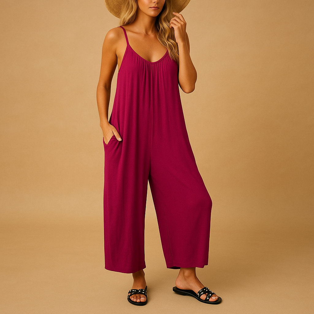 Lightweight summer jumpsuit for women with adjustable straps and elastic waistband, perfect for warm days, vacations, and casual summer outings.
