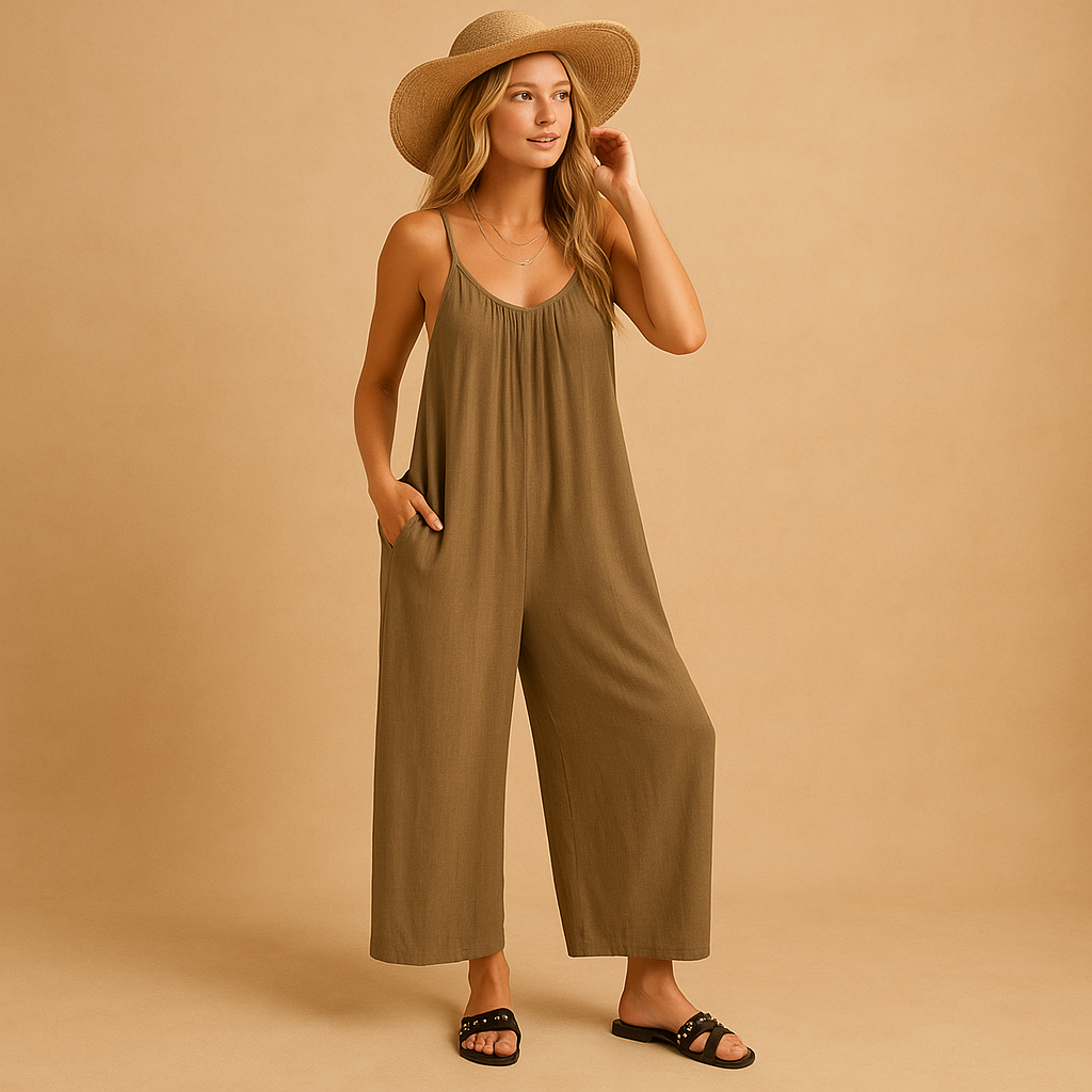Lightweight summer jumpsuit for women with adjustable straps and elastic waistband, perfect for warm days, vacations, and casual summer outings.