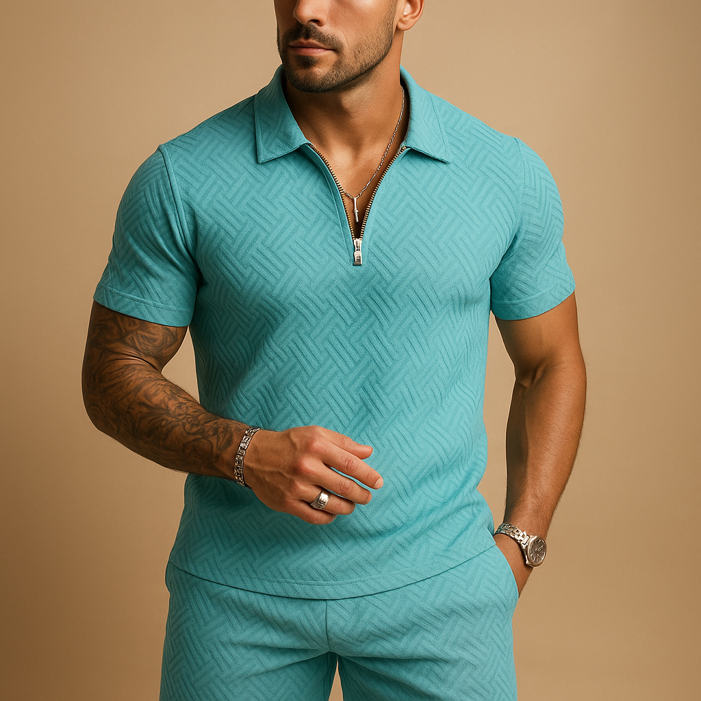 Men’s summer set with matching t-shirt and shorts, lightweight fabric with zipper detail, available in grey, black, and blue, perfect for hot days.