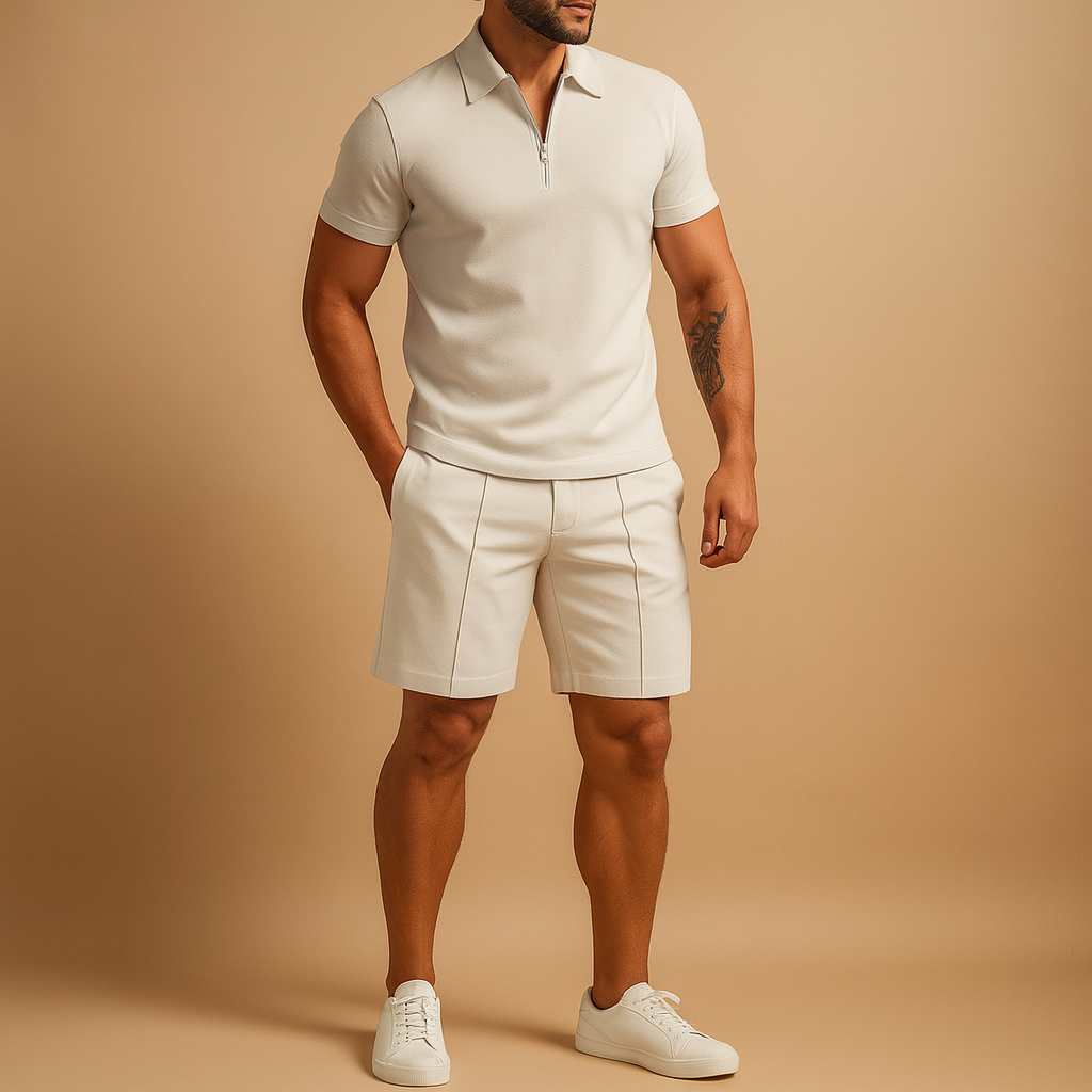 Men’s summer set with slim fit polo and matching shorts, available in navy blue, cream, olive green, and black. Perfect for vacations and casual outings.