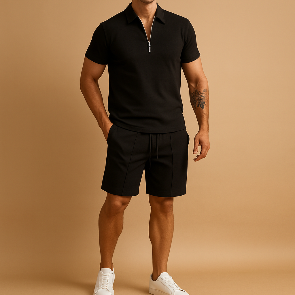 Men’s summer set with slim fit polo and matching shorts, available in navy blue, cream, olive green, and black. Perfect for vacations and casual outings.