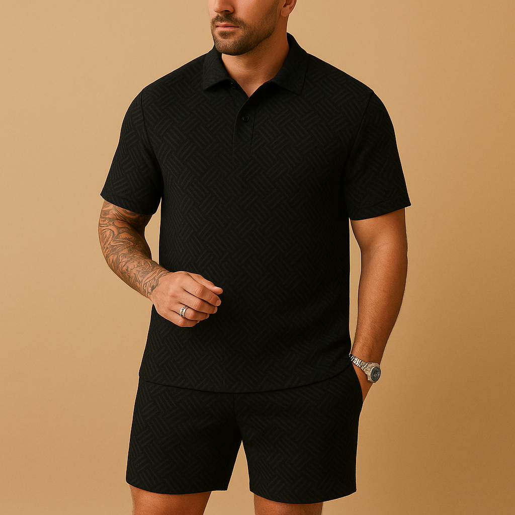 Men’s summer set with polo shirt and shorts, lightweight and breathable, available in multiple colors, perfect for beach, vacations, and casual summer outfits.