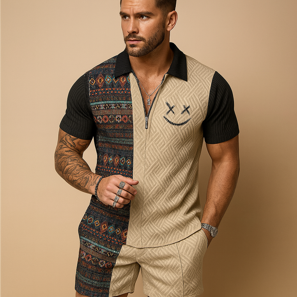 Men’s summer set with vintage-inspired polo shirt and matching shorts with pockets, breathable fabric, perfect for vacations, leisure, and warm days.