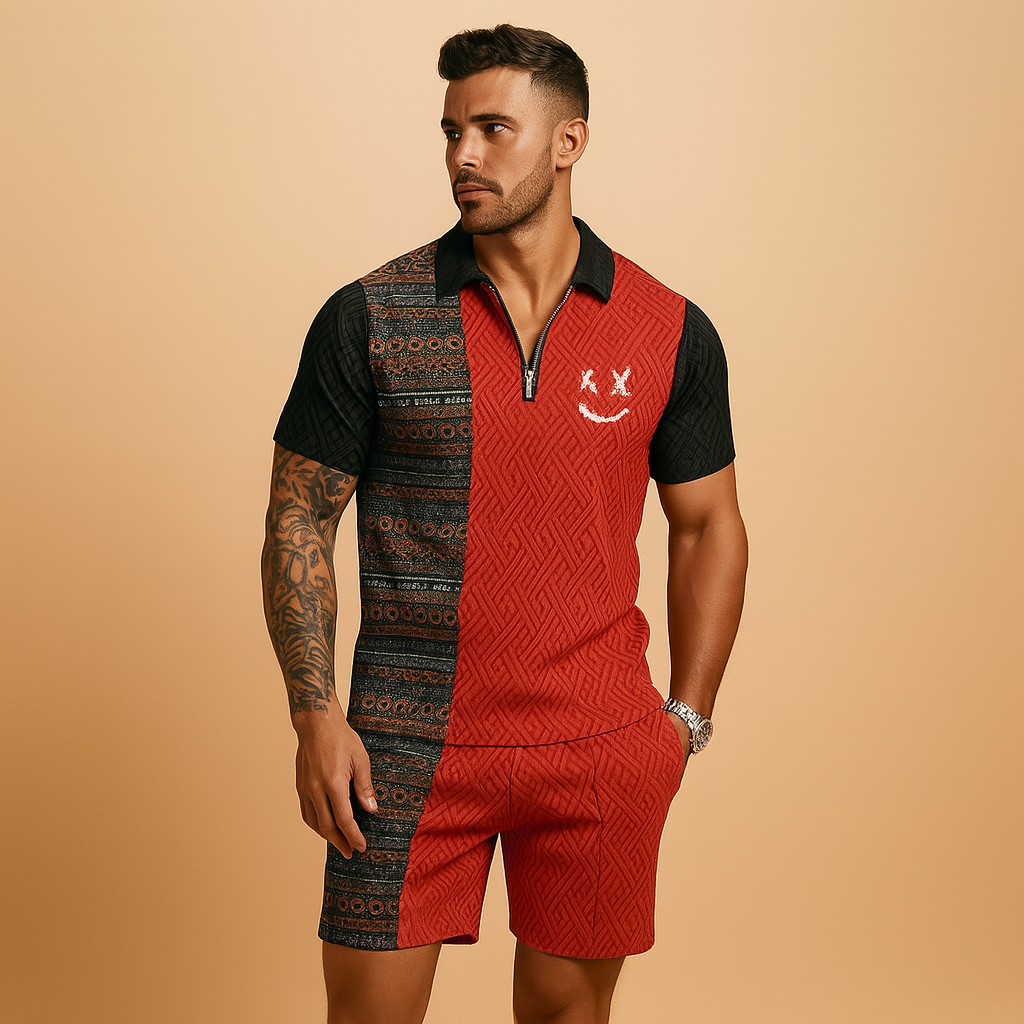 Men’s summer set with vintage-inspired polo shirt and matching shorts with pockets, breathable fabric, perfect for vacations, leisure, and warm days.
