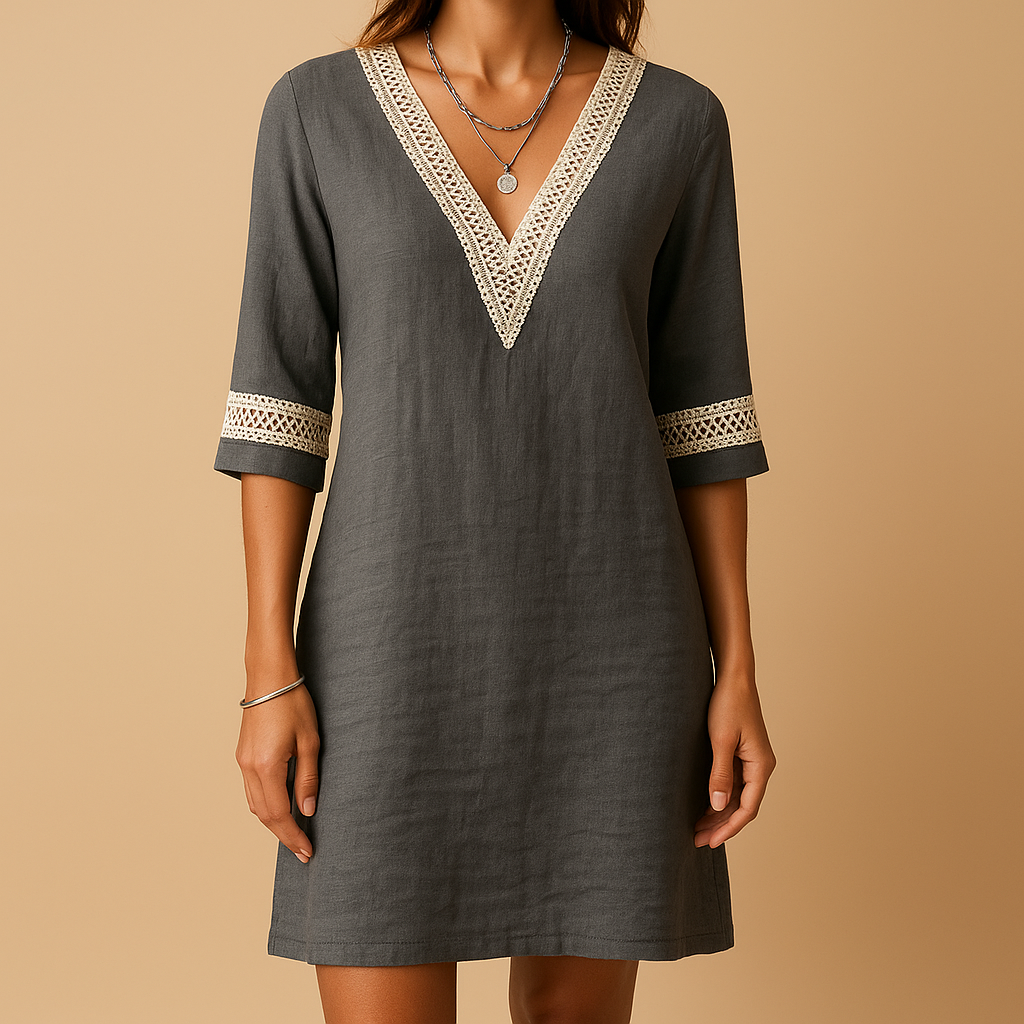 Summer V-neck lace dress for women with three-quarter sleeves and a relaxed fit, perfect for beach days and warm weather.
